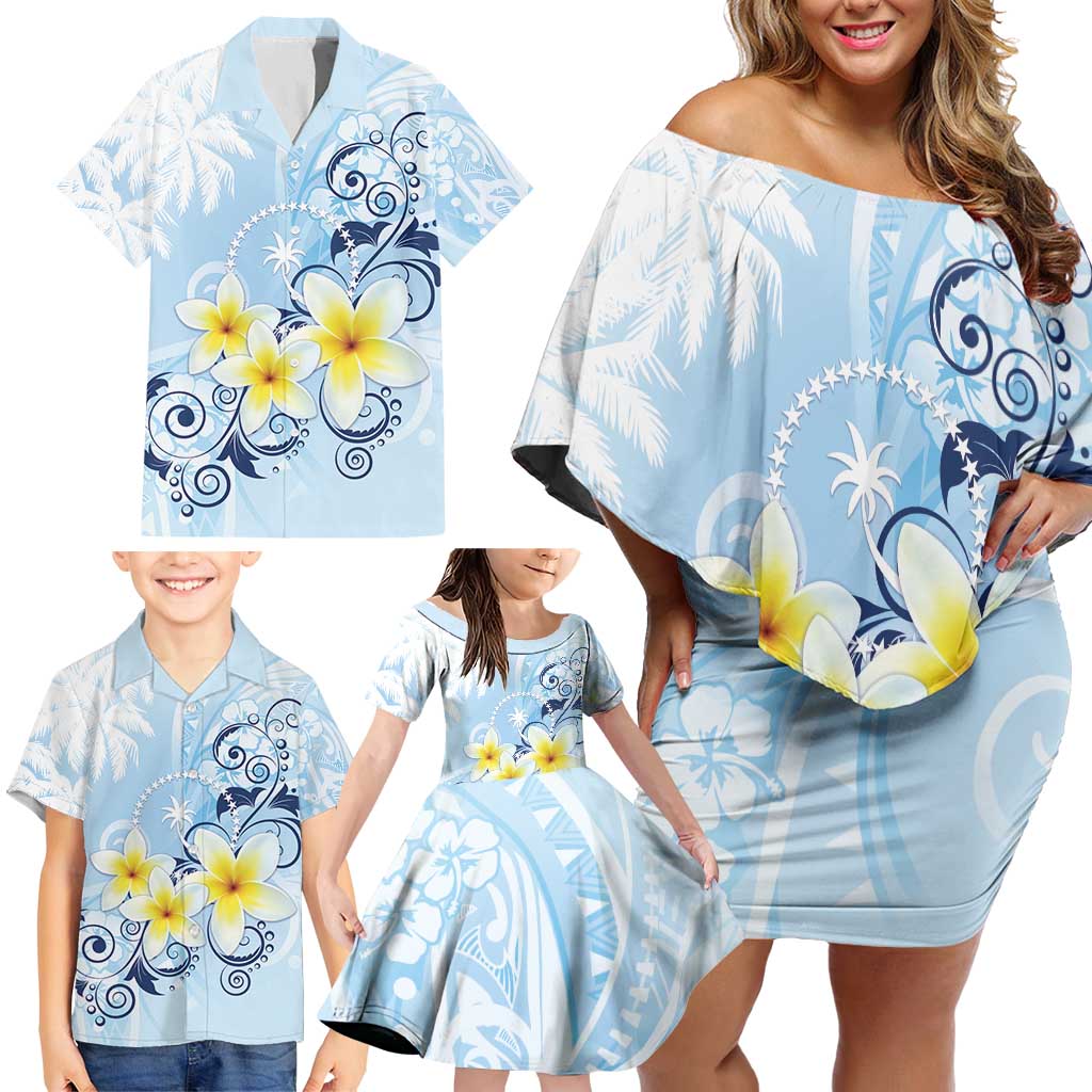 FSM Chuuk Constitution Day Family Matching Off Shoulder Short Dress and Hawaiian Shirt Polynesian Curves Plumeria - Polynesian Pride