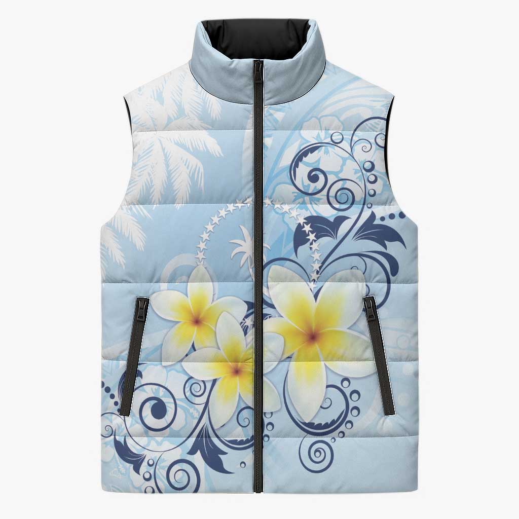 FSM Chuuk Constitution Day Sleeveless Puffer Jacket Polynesian Curves Plumeria - Polynesian Pride