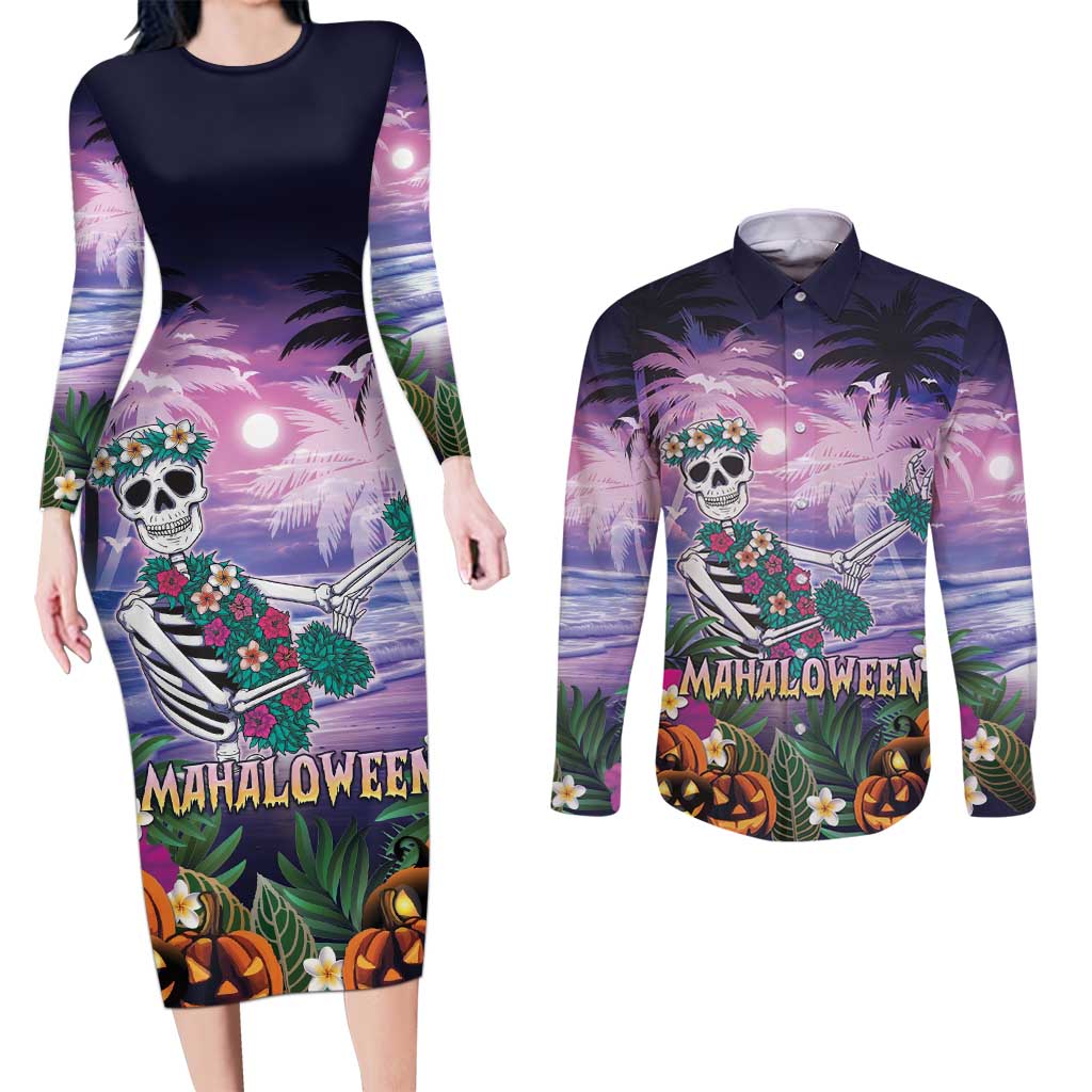 Happy Hulaween Couples Matching Long Sleeve Bodycon Dress and Long Sleeve Button Shirt Mahaloween Skeleton Dancing
