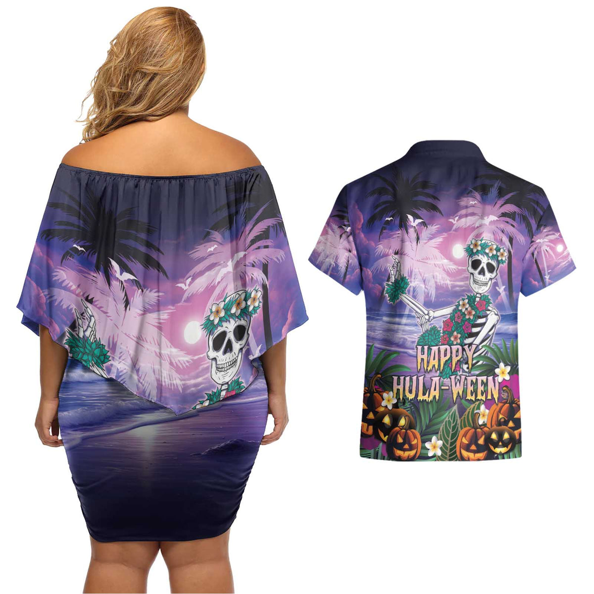 Happy Hulaween Couples Matching Off Shoulder Short Dress and Hawaiian Shirt Mahaloween Skeleton Dancing