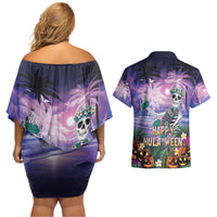 Happy Hulaween Couples Matching Off Shoulder Short Dress and Hawaiian Shirt Mahaloween Skeleton Dancing