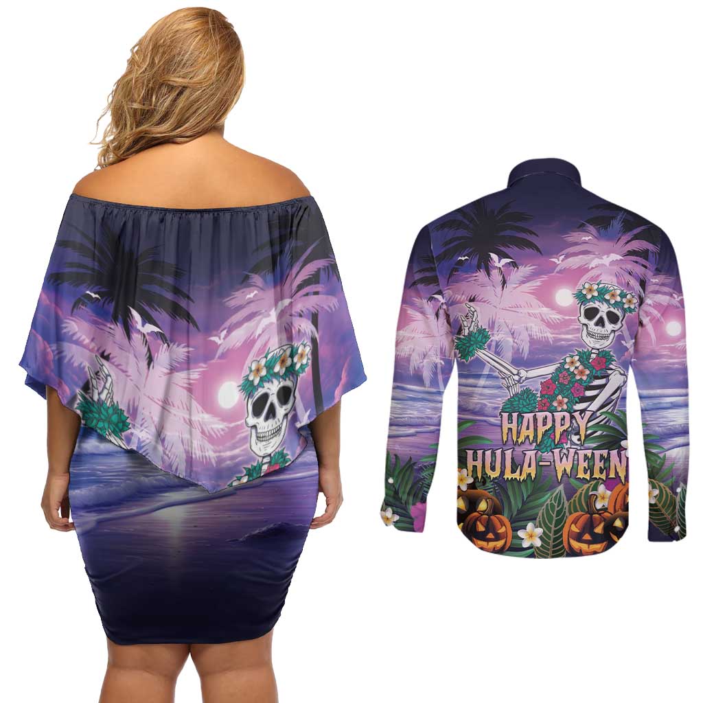 Happy Hulaween Couples Matching Off Shoulder Short Dress and Long Sleeve Button Shirt Mahaloween Skeleton Dancing