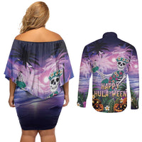 Happy Hulaween Couples Matching Off Shoulder Short Dress and Long Sleeve Button Shirt Mahaloween Skeleton Dancing