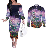 Happy Hulaween Couples Matching Off The Shoulder Long Sleeve Dress and Long Sleeve Button Shirt Mahaloween Skeleton Dancing