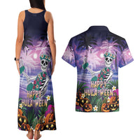 Happy Hulaween Couples Matching Tank Maxi Dress and Hawaiian Shirt Mahaloween Skeleton Dancing