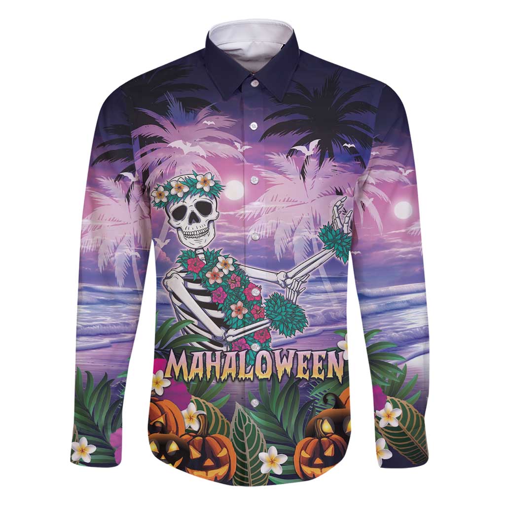 Happy Hulaween Family Matching Long Sleeve Bodycon Dress and Hawaiian Shirt Mahaloween Skeleton Dancing LT05 Dad's Shirt - Long Sleeve Purple - Polynesian Pride