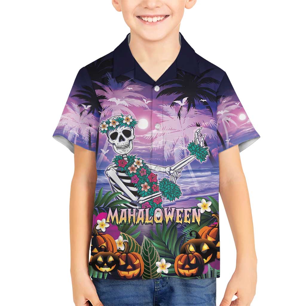 Happy Hulaween Family Matching Long Sleeve Bodycon Dress and Hawaiian Shirt Mahaloween Skeleton Dancing LT05 Son's Shirt Purple - Polynesian Pride