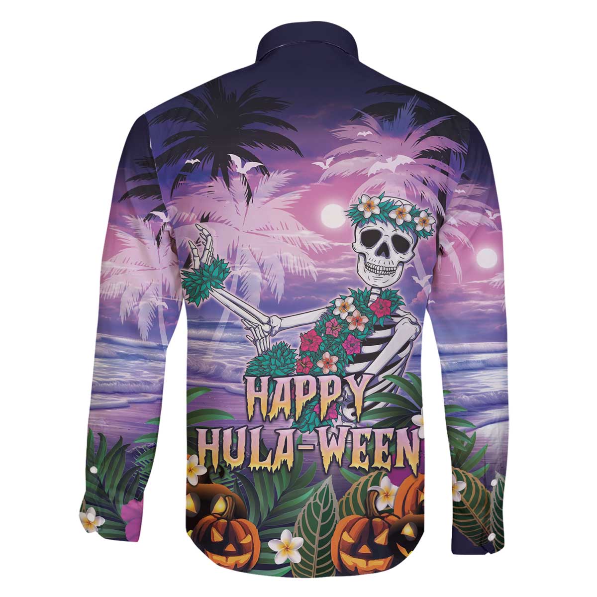 Happy Hulaween Family Matching Off The Shoulder Long Sleeve Dress and Hawaiian Shirt Mahaloween Skeleton Dancing