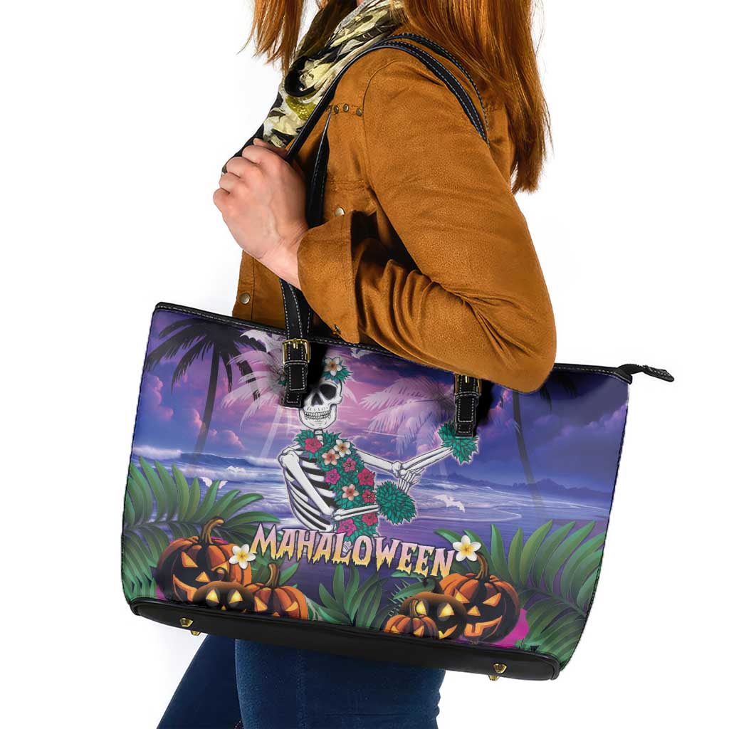 Happy Hulaween Leather Tote Bag Mahaloween Skeleton Dancing