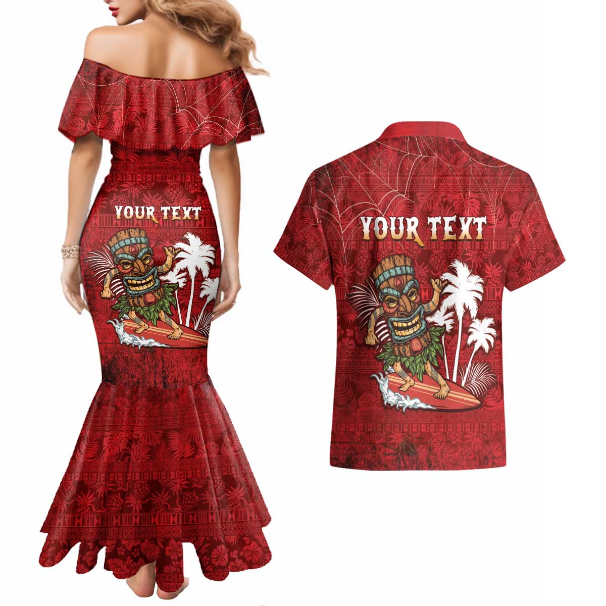 Personalised Aloha Halloween Couples Matching Mermaid Dress and Hawaiian Shirt Skeleton Surfing