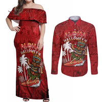 Personalised Aloha Halloween Couples Matching Off Shoulder Maxi Dress and Long Sleeve Button Shirt Skeleton Surfing