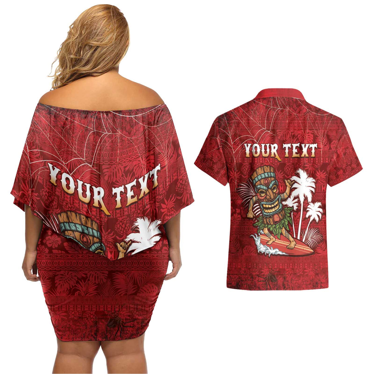 Personalised Aloha Halloween Couples Matching Off Shoulder Short Dress and Hawaiian Shirt Skeleton Surfing