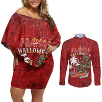 Personalised Aloha Halloween Couples Matching Off Shoulder Short Dress and Long Sleeve Button Shirt Skeleton Surfing