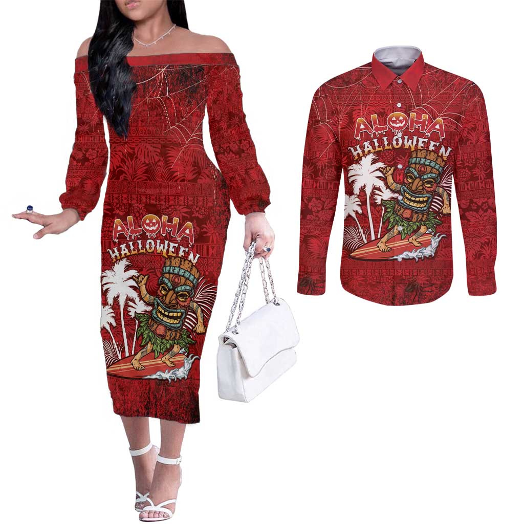 Personalised Aloha Halloween Couples Matching Off The Shoulder Long Sleeve Dress and Long Sleeve Button Shirt Skeleton Surfing