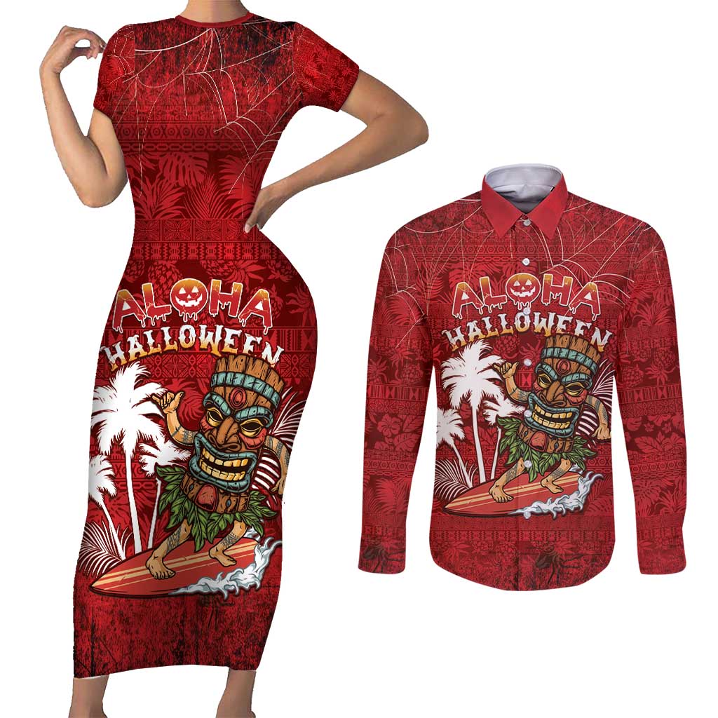 Personalised Aloha Halloween Couples Matching Short Sleeve Bodycon Dress and Long Sleeve Button Shirt Skeleton Surfing