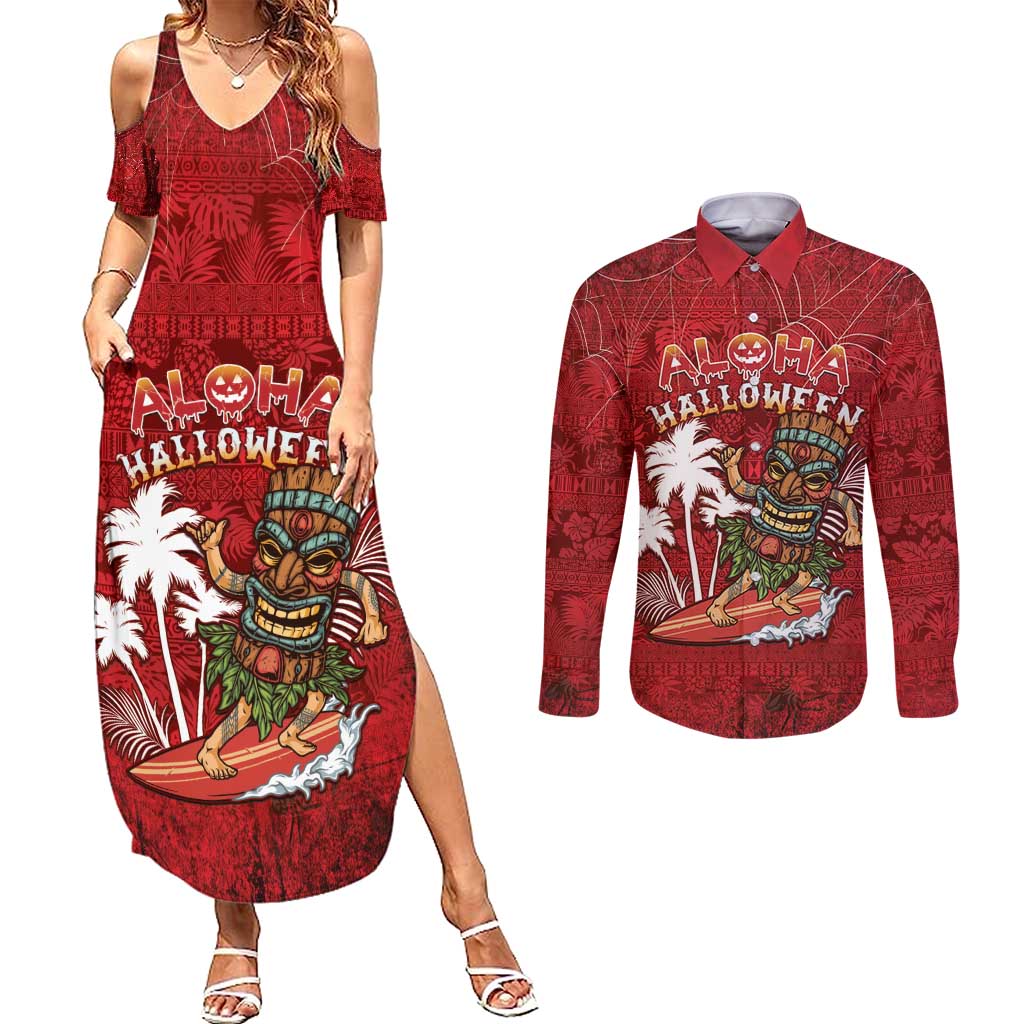 Personalised Aloha Halloween Couples Matching Summer Maxi Dress and Long Sleeve Button Shirt Skeleton Surfing
