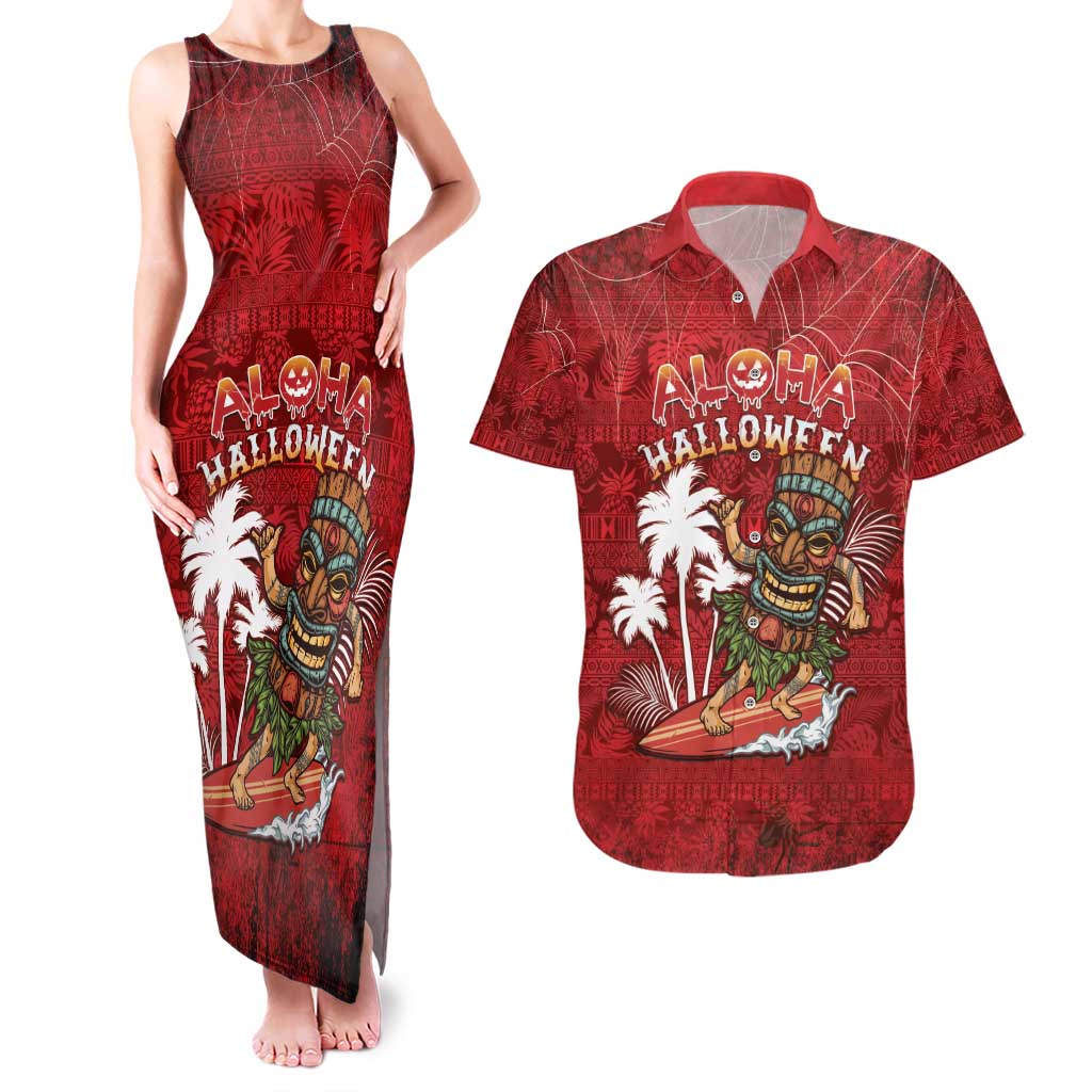 Personalised Aloha Halloween Couples Matching Tank Maxi Dress and Hawaiian Shirt Skeleton Surfing