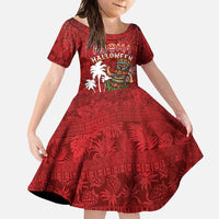Personalised Aloha Halloween Family Matching Long Sleeve Bodycon Dress and Hawaiian Shirt Skeleton Surfing LT05 Daughter's Dress Red - Polynesian Pride