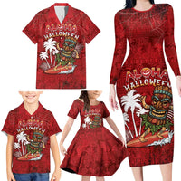 Personalised Aloha Halloween Family Matching Long Sleeve Bodycon Dress and Hawaiian Shirt Skeleton Surfing LT05 - Polynesian Pride