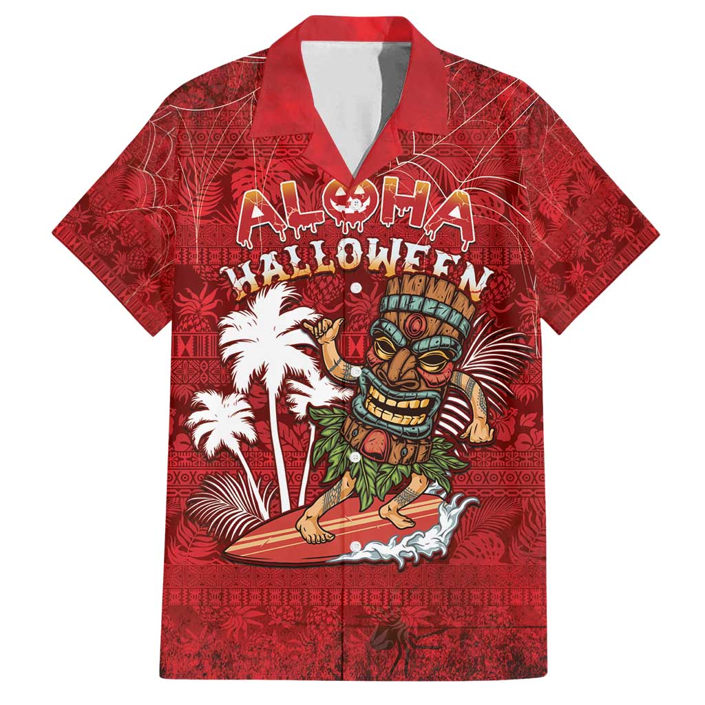 Personalised Aloha Halloween Family Matching Long Sleeve Bodycon Dress and Hawaiian Shirt Skeleton Surfing LT05 Dad's Shirt - Short Sleeve Red - Polynesian Pride
