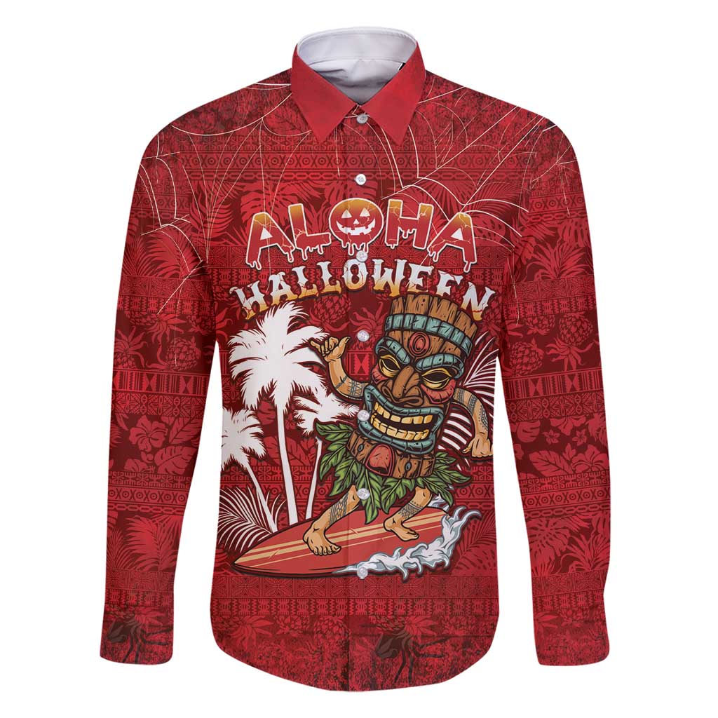 Personalised Aloha Halloween Family Matching Long Sleeve Bodycon Dress and Hawaiian Shirt Skeleton Surfing LT05 Dad's Shirt - Long Sleeve Red - Polynesian Pride