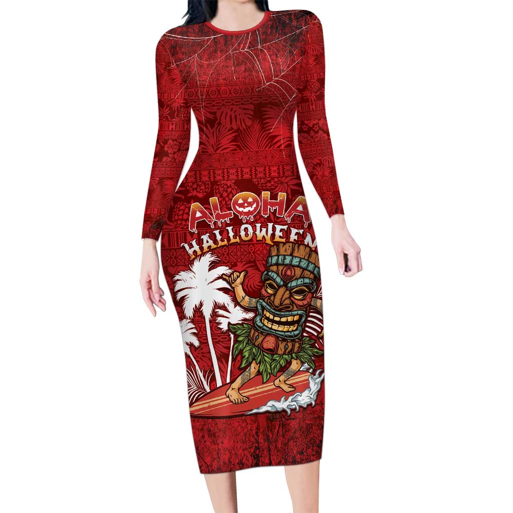 Personalised Aloha Halloween Family Matching Long Sleeve Bodycon Dress and Hawaiian Shirt Skeleton Surfing LT05 Mom's Dress Red - Polynesian Pride