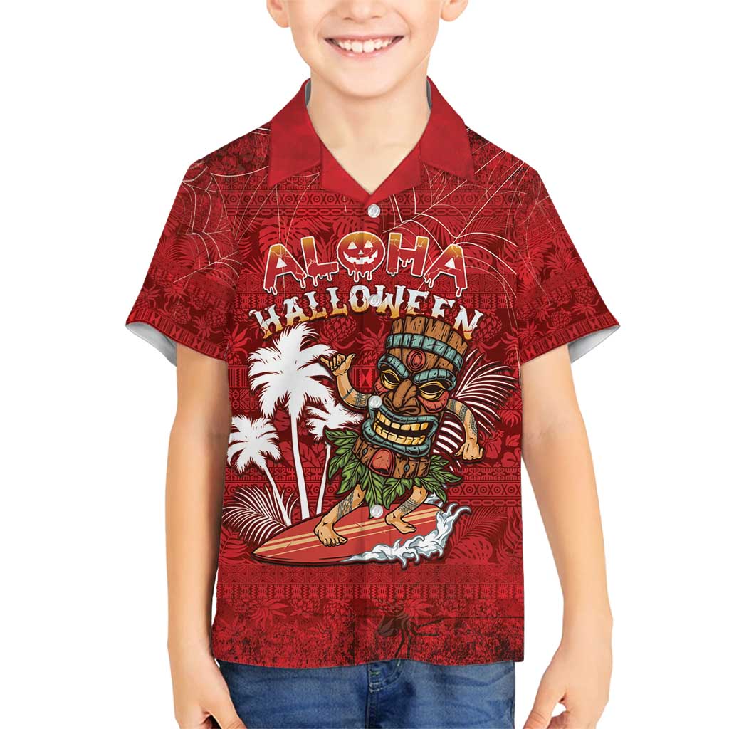 Personalised Aloha Halloween Family Matching Long Sleeve Bodycon Dress and Hawaiian Shirt Skeleton Surfing LT05 Son's Shirt Red - Polynesian Pride