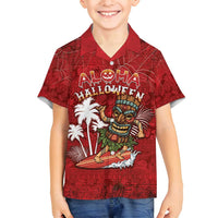 Personalised Aloha Halloween Family Matching Long Sleeve Bodycon Dress and Hawaiian Shirt Skeleton Surfing LT05 Son's Shirt Red - Polynesian Pride