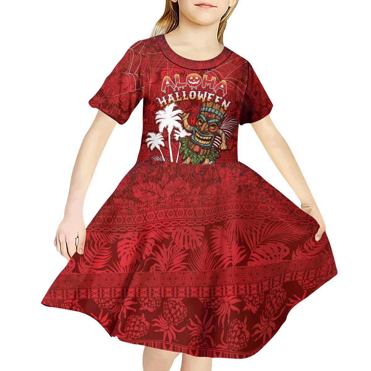 Personalised Aloha Halloween Kid Short Sleeve Dress Skeleton Surfing