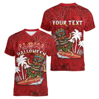 Personalised Aloha Halloween Women V-Neck T-Shirt Skeleton Surfing