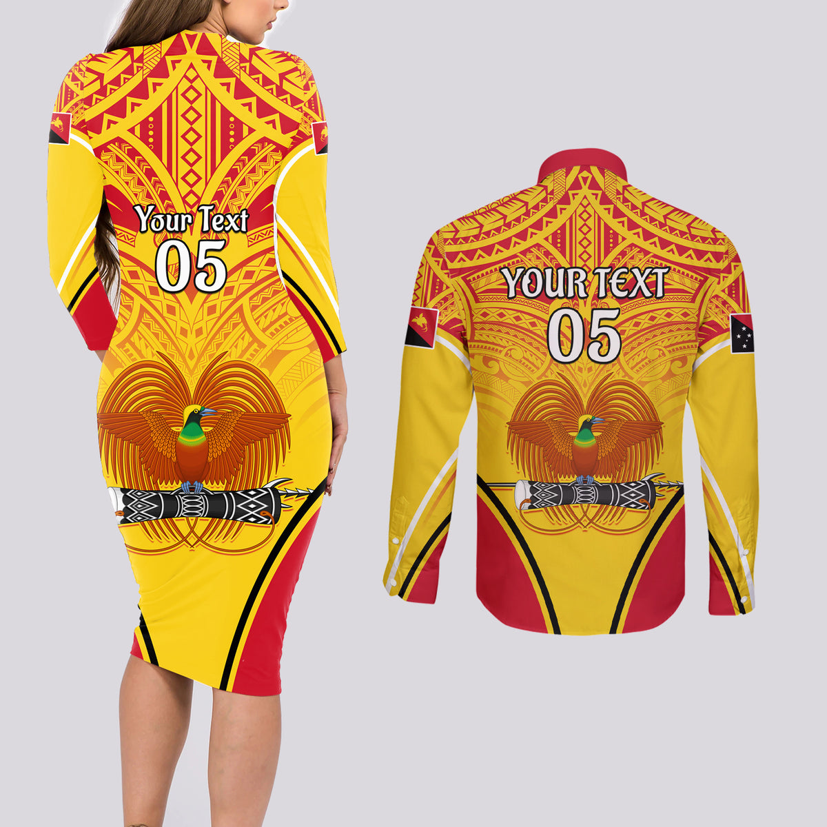 Custom Papua New Guinea Rugby Couples Matching Long Sleeve Bodycon Dress and Long Sleeve Button Shirt 2023 Pacific Championships The Kumuls LT05 - Polynesian Pride