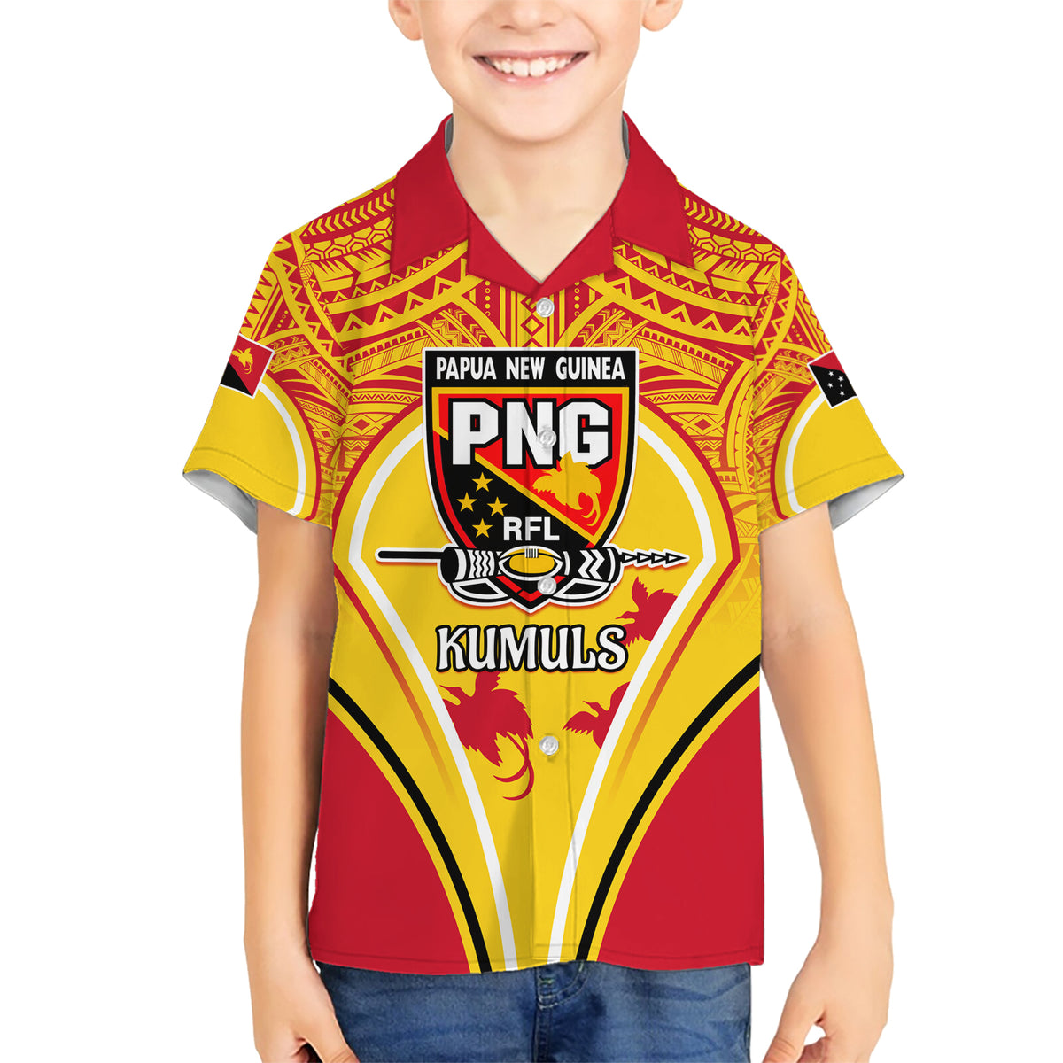 Custom Papua New Guinea Rugby Family Matching Short Sleeve Bodycon Dress and Hawaiian Shirt 2023 Pacific Championships The Kumuls LT05 Son's Shirt Yellow - Polynesian Pride