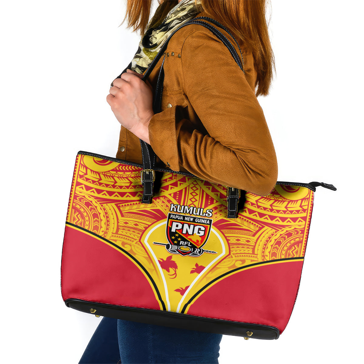 Papua New Guinea Rugby Leather Tote Bag 2023 Pacific Championships The Kumuls LT05 Yellow - Polynesian Pride