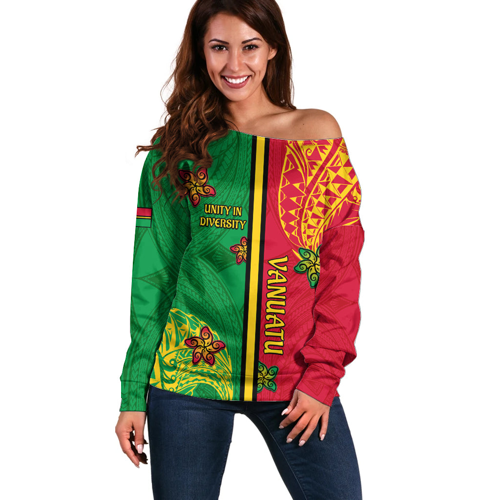 Personalised Vanuatu Happy Unity Day Off Shoulder Sweater Polynesian Plumeria LT05 Women Red - Polynesian Pride