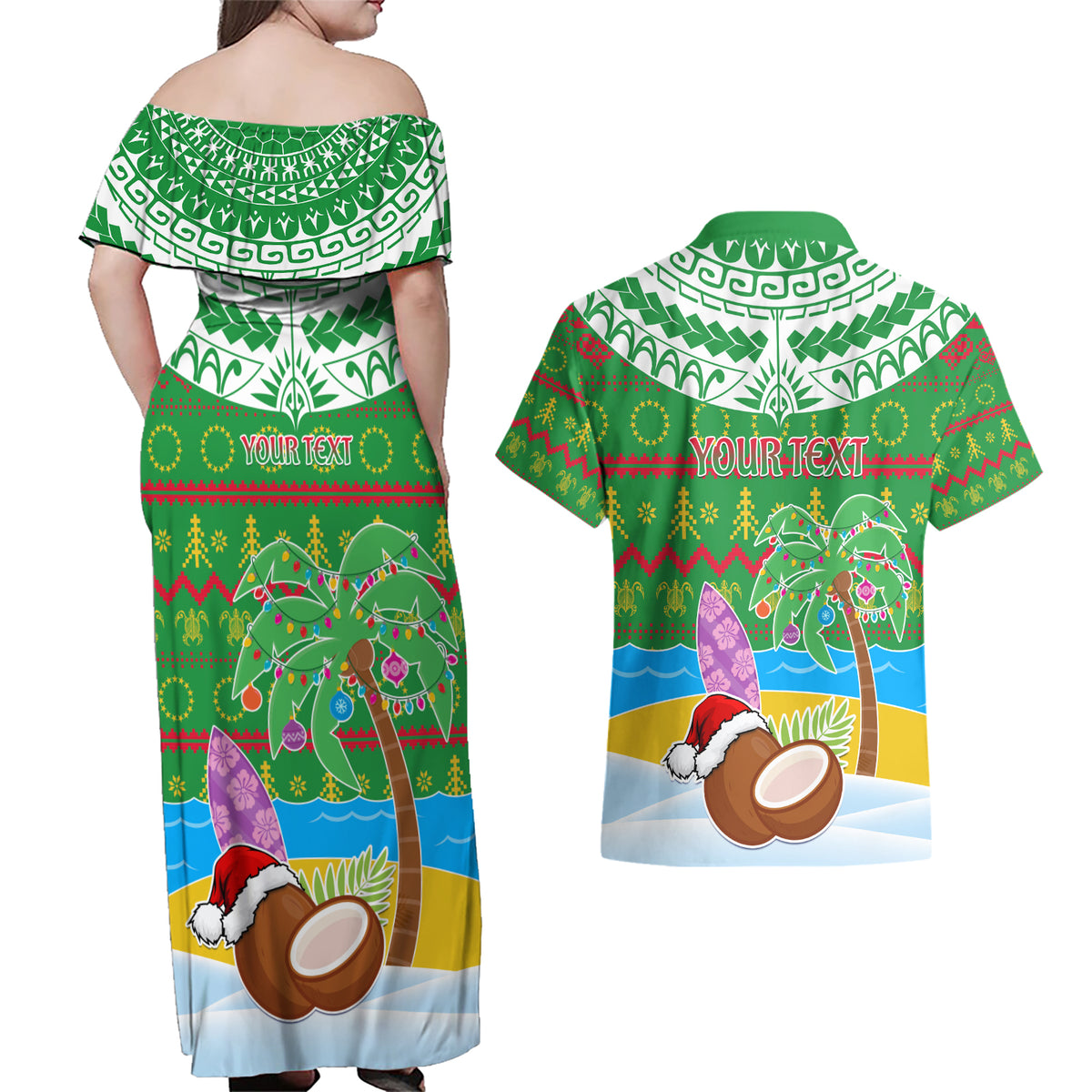 Personalised Cook Islands Christmas Couples Matching Off Shoulder Maxi Dress and Hawaiian Shirt Coconut Santa Beach Style LT05 - Polynesian Pride