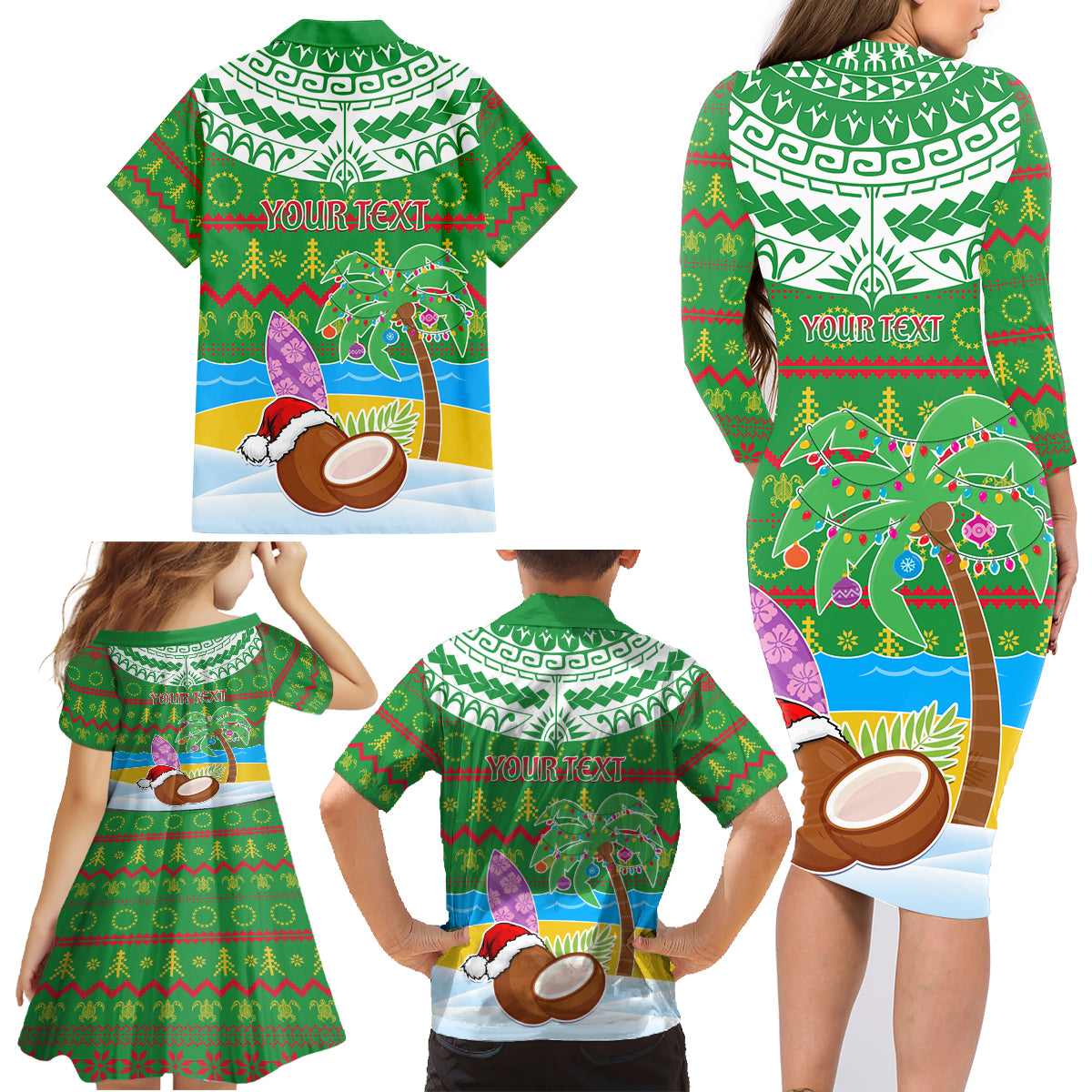 Personalised Cook Islands Christmas Family Matching Long Sleeve Bodycon Dress and Hawaiian Shirt Coconut Santa Beach Style LT05 - Polynesian Pride