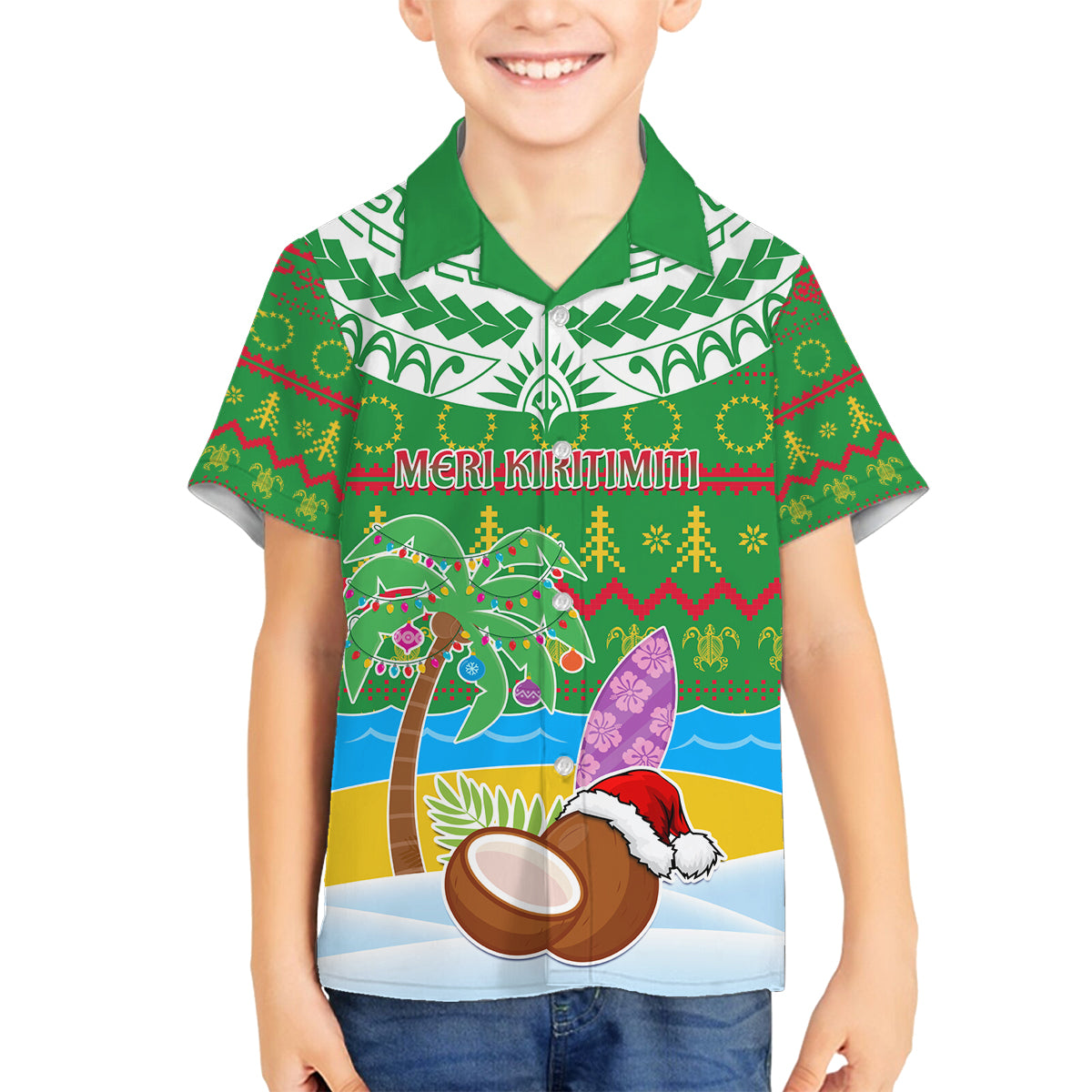 Personalised Cook Islands Christmas Family Matching Puletasi Dress and Hawaiian Shirt Coconut Santa Beach Style LT05 Son's Shirt Green - Polynesian Pride