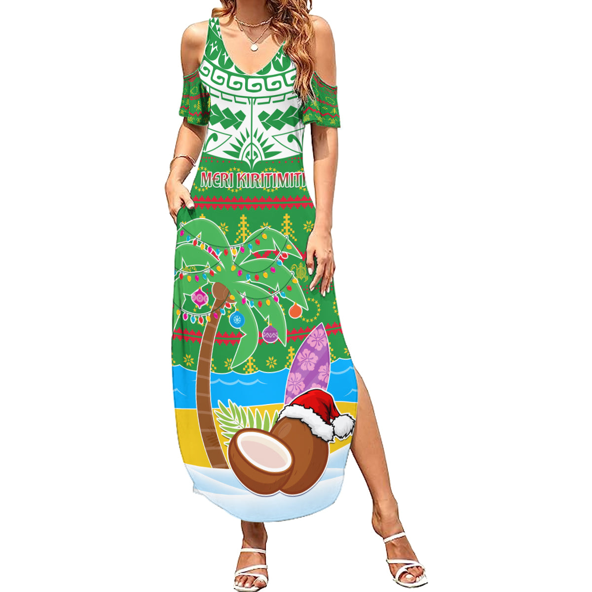 Personalised Cook Islands Christmas Summer Maxi Dress Coconut Santa Beach Style LT05 Women Green - Polynesian Pride