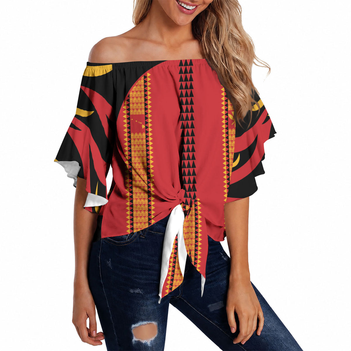 Hawaii Ahu Ula Inspired Off Shoulder Wrap Waist Top Red Version LT05 Red - Polynesian Pride