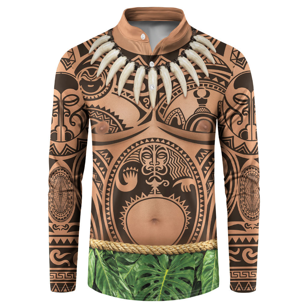 Hawaii Warrior Tattoo Inspired Button Sweatshirt Tropical Leaf Skirt Costume LT05 Beige - Polynesian Pride
