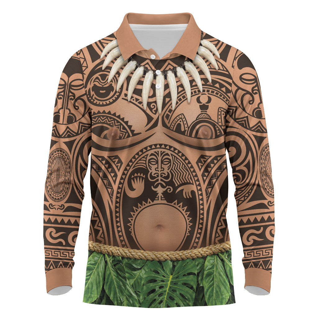 Hawaii Warrior Tattoo Inspired Long Sleeve Polo Shirt Tropical Leaf Skirt Costume