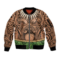Hawaii Warrior Tattoo Inspired Sleeve Zip Bomber Jacket Tropical Leaf Skirt Costume LT05 Unisex Beige - Polynesian Pride