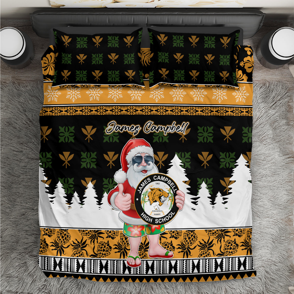 Custom Hawaii James Campbell High School Christmas Bedding Set Tropical Santa Claus LT05 Black - Polynesian Pride