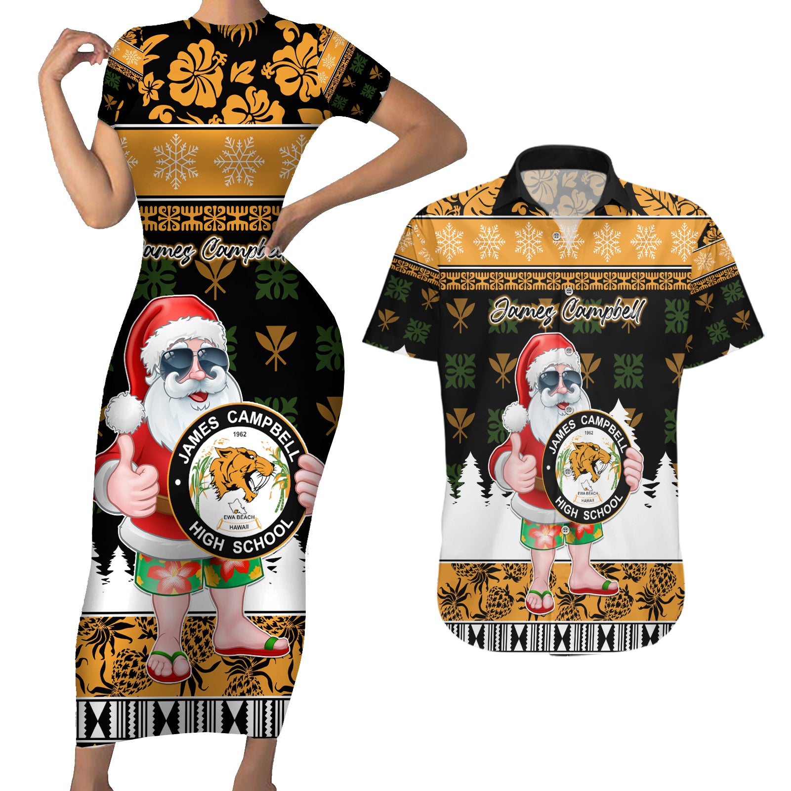 Custom Hawaii James Campbell High School Christmas Couples Matching Short Sleeve Bodycon Dress and Hawaiian Shirt Tropical Santa Claus LT05 Black - Polynesian Pride