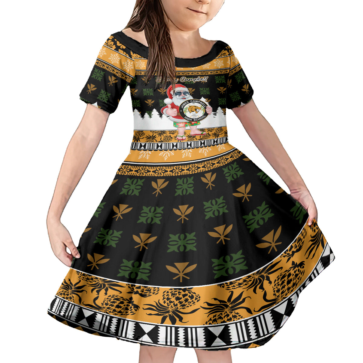 Custom Hawaii James Campbell High School Christmas Family Matching Tank Maxi Dress and Hawaiian Shirt Tropical Santa Claus LT05 Daughter's Dress Black - Polynesian Pride