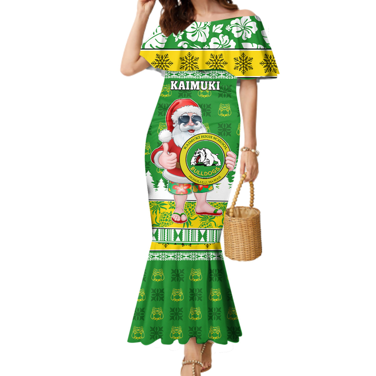 Custom Hawaii Kaimuki High School Christmas Family Matching Mermaid Dress and Hawaiian Shirt Tropical Santa Claus LT05 Mom's Dress Green - Polynesian Pride