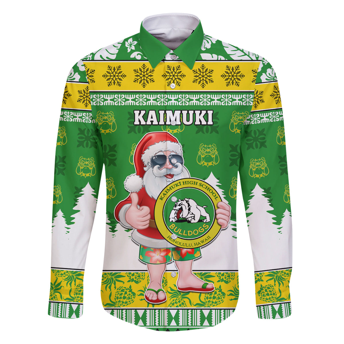 Custom Hawaii Kaimuki High School Christmas Family Matching Off Shoulder Maxi Dress and Hawaiian Shirt Tropical Santa Claus LT05 Dad's Shirt - Long Sleeve Green - Polynesian Pride