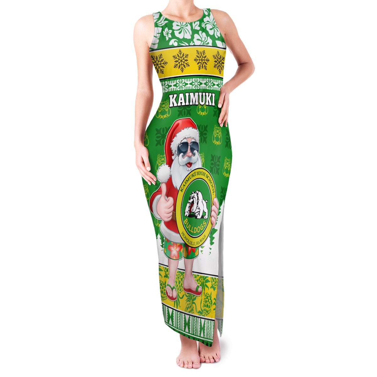 Custom Hawaii Kaimuki High School Christmas Family Matching Tank Maxi Dress and Hawaiian Shirt Tropical Santa Claus LT05 Mom's Dress Green - Polynesian Pride