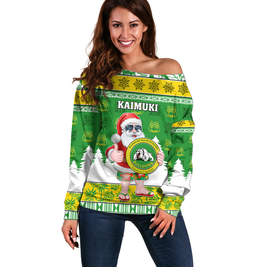 Custom Hawaii Kaimuki High School Christmas Off Shoulder Sweater Tropical Santa Claus LT05 Women Green - Polynesian Pride