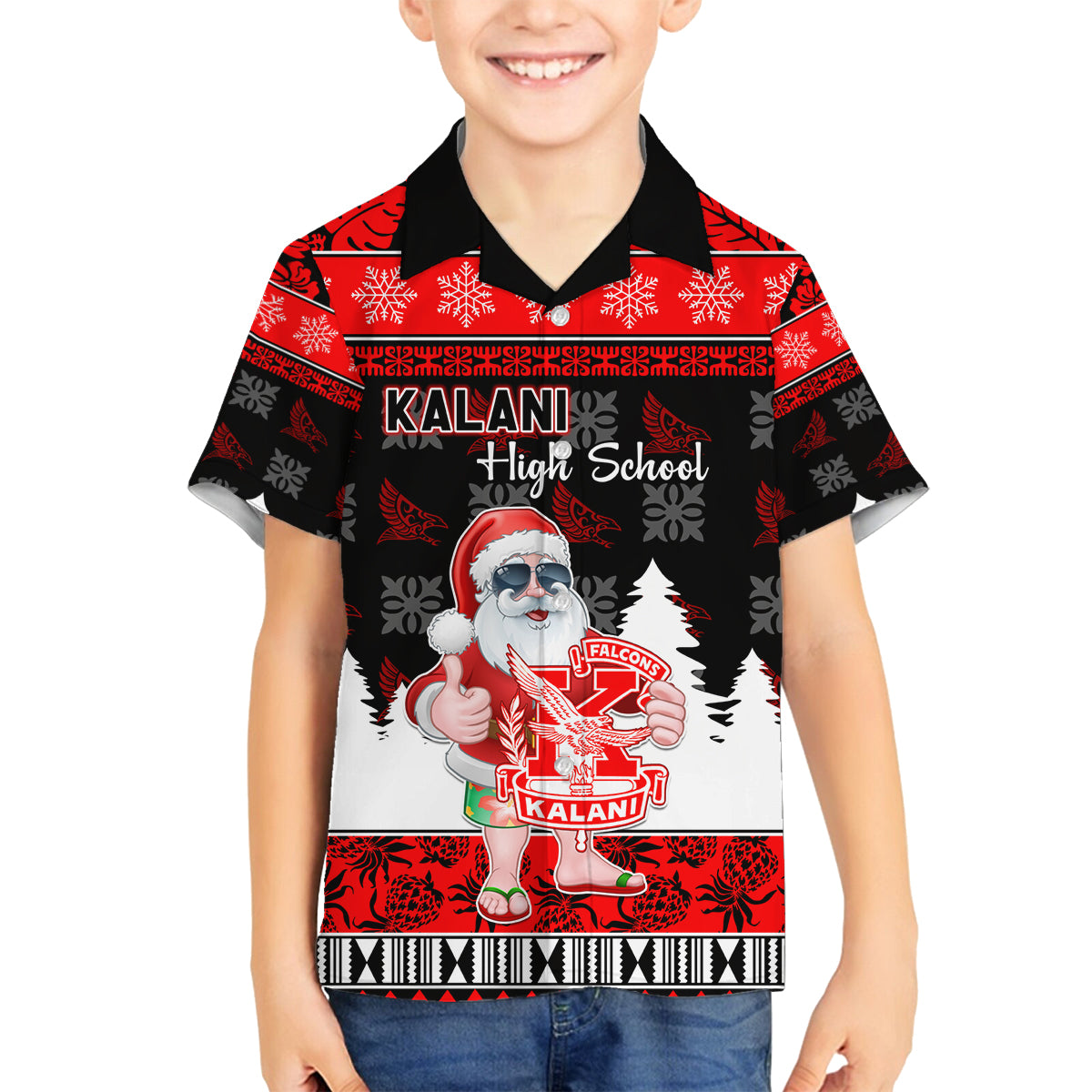 Custom Hawaii Kalani High School Christmas Family Matching Tank Maxi Dress and Hawaiian Shirt Tropical Santa Claus LT05 Son's Shirt Red - Polynesian Pride
